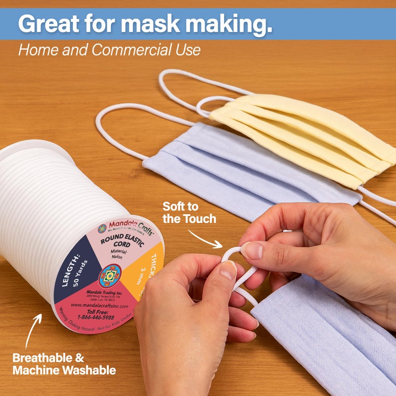Mandala Crafts 1/8 Inch Elastic Strings for Masks Ear Loops - 50 Yards 3mm Super Soft White Elastic Cord Round Stretchy Band for Sewing DIY Crafts - Image 4